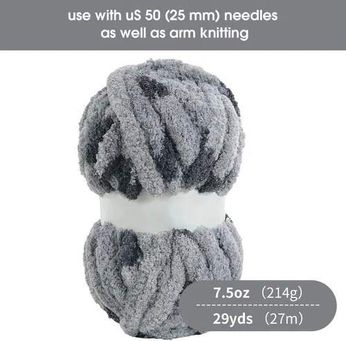 Miniatura 2 de HOMBYS Hilo gigante súper voluminoso, felpilla gruesa para tejer a mano y brazos, ganchillo, hilo esponjoso y grueso, 8 madejas jumbo, color gris