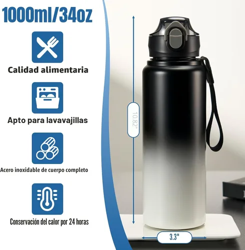 Miniatura 2 de Botella de agua aislada de 1 l/33 onzas con pajilla, material alimenticio de acero inoxidable, botella de agua grande de grado alimenticio