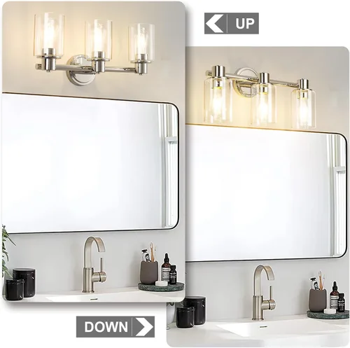 Miniatura 7 de Lámpara de pared de baño de 3 luces cromadas con luces de vidrio transparente sobre espejo, base E26 Cromo