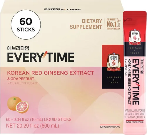 JUNG KWAN JANG Everytime - Extracto de ginseng rojo coreano de 1,000 mg y pomelo – Bebida energética vegana – Sin cafeína, sin gluten, sin OMG, 0.34