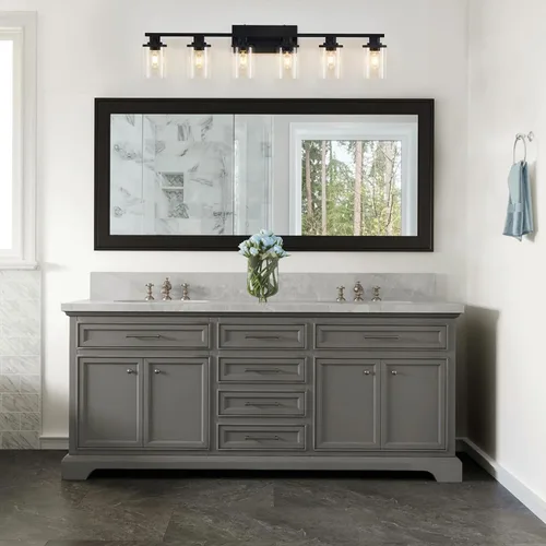 Miniatura 2 de 6 Luces de Tocador de Baño de Negro Mate con Vidrio Transparente y Base de Metal, Luces de Tocador Negras para Baño Sobre Espejo