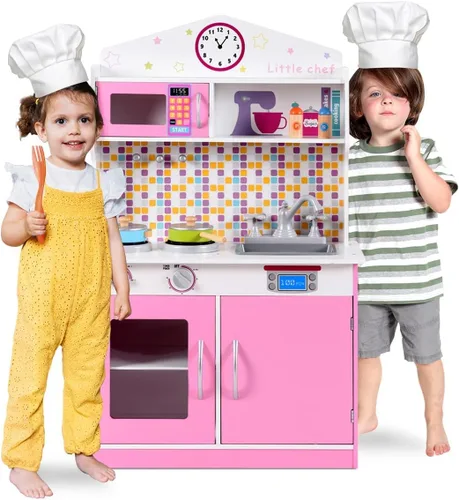 OLAKIDS - Juego de cocina para niños, cocina de madera para niños pequeños con sonidos reales, estufa, microondas, horno, fregadero, gabinete de Rosa
