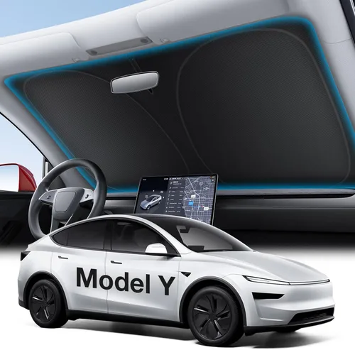 Wigoo Tesla - Parasol para parabrisas de accesorios para el nuevo modelo Y [diseño OEM, 100% bloqueo solar] Parasol plegable con bolsa de