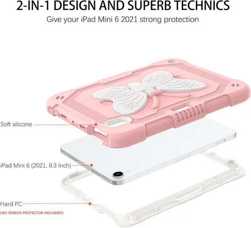 Miniatura 2 de DUEDUE Funda para iPad mini 7 (A17 Pro) 2024, iPad mini 6 2021, alas de mariposa con soporte para lápiz, funda protectora a prueba de golpes