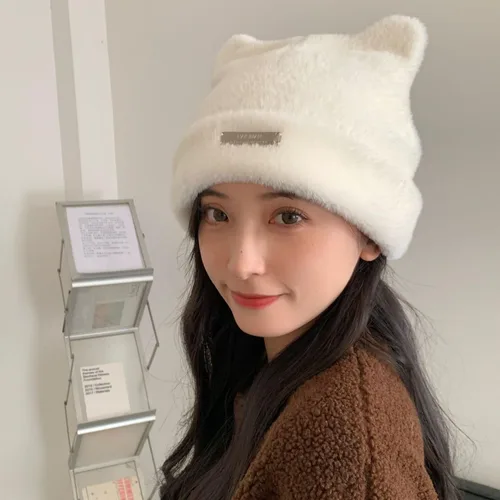 Miniatura 3 de Gorros de ganchillo con diseño de gato para mujer, lindos gorros de orejas de oso para mujer, gorros de invierno holgados con calavera Y2K