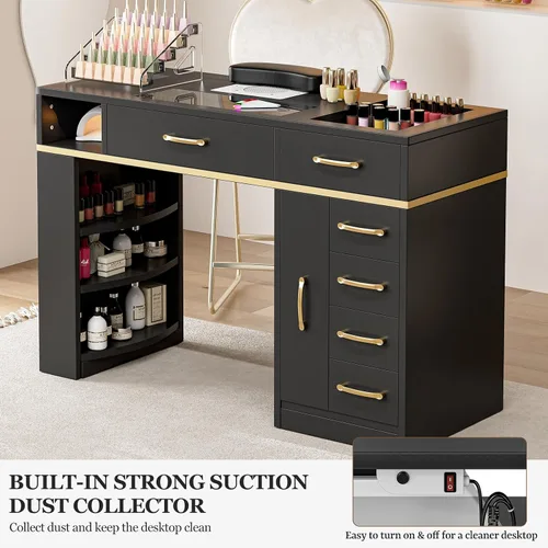 Miniatura 4 de Estación de manicura para uñas para tecnología de uñas, mesa de uñas con colector de polvo eléctrico, 7 cajones y estantes, estación de trabajo