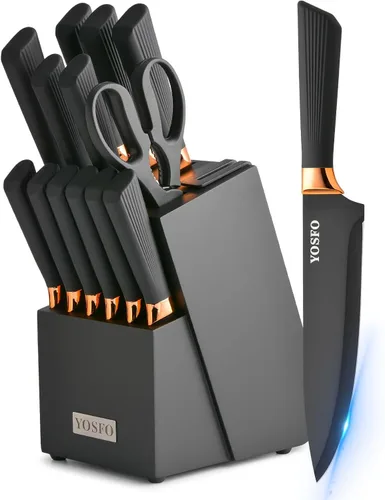 Juego de cuchillos de cocina, 15 piezas con bloque y afilador, acero inoxidable de alto carbono ultra afilado, apto para lavavajillas