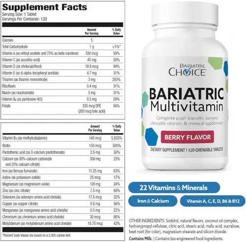 Miniatura 7 de Bariatric Choice My Bariatric - Multivitamínico masticable con hierro y 300 mg de calcio, bayas (120 unidades)