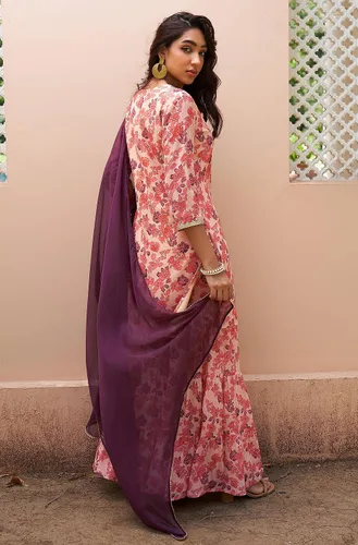 Miniatura 7 de Janasya Conjunto Kurta Embellecido con estampado floral digital rosa Georgette para mujer