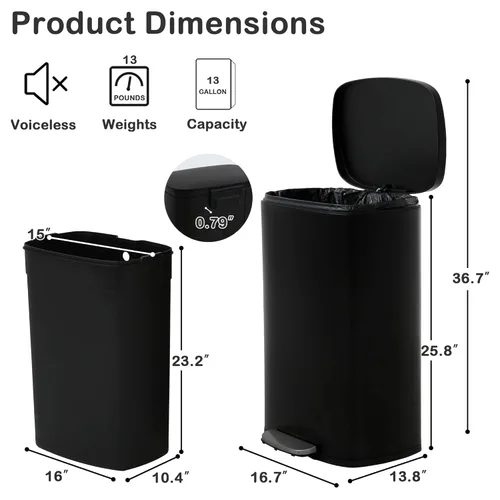 Miniatura 6 de Basurero de cocina de acero inoxidable de 13 galones con tapa, pedal de pie, cubo de plástico, tapa de cierre suave, resistente a las huellas Negro