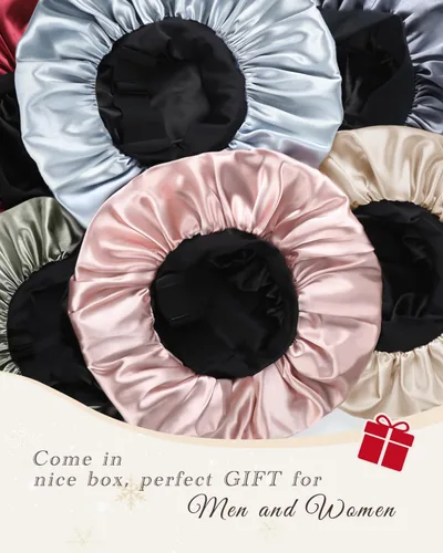 Miniatura 7 de Hat Hut Gorro de satén de seda para dormir para mujer, gorro de pelo para cabello rizado, banda ancha ajustable, doble capa