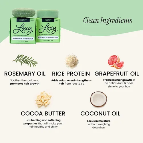 Miniatura 2 de Loxy Fortify - Juego de jabón en barra de champú y acondicionador Aceite de romero, litsea y pomelo Proteína de arroz, ginseng y cafeína