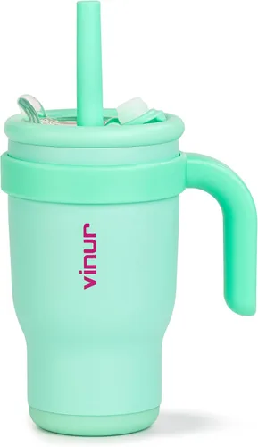 Miniatura 22 de VINUR Vaso para niños con asa - 14 oz de acero inoxidable con aislamiento al vacío de doble pared con tapa y pajita, vaso de agua de viaje