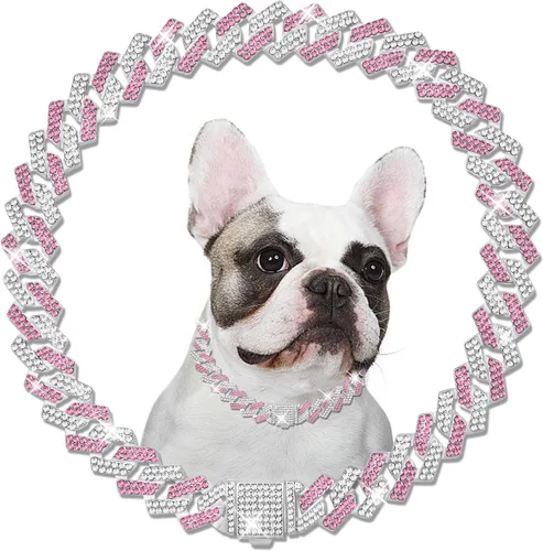 Miniatura 9 de Cadena de metal con diamantes para perros con hebilla segura, collares para mascotas para perros grandes y medianos Azul Blanco