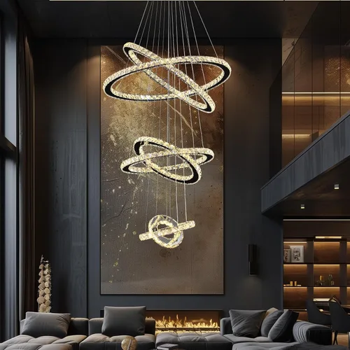 Miniatura 8 de Siljoy Moderna lámpara de araña de cristal, 6 anillos, lámpara de techo LED con 3 colores, lámpara de techo alto para sala de estar, comedor