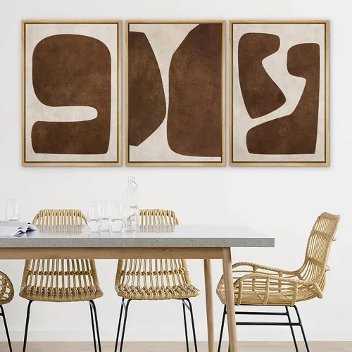 Miniatura 3 de SIGNLEADER Lienzo enmarcado para pared, juego de arte de collage de polígonos retro marrón tostado, ilustraciones con formas abstractas, arte