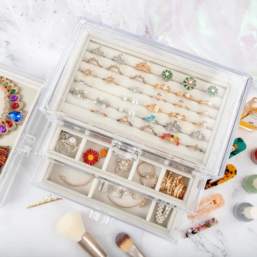 Miniatura 4 de Mebbay Joyero de acrílico con 4cajones, organizador de joyas de terciopelo