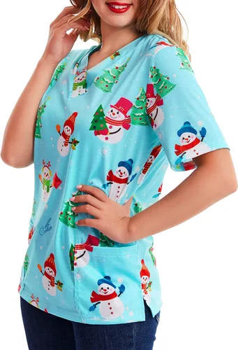 Miniatura 5 de Camisa de cuello en V con estampado de Navidad, muñeco de nieve azul claro