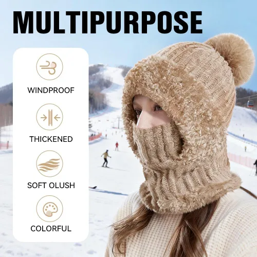Miniatura 4 de Gorro 3 en 1 para mujer, pasamontañas de invierno con máscara facial, gorro de punto con forro polar con pompones, máscara de esquí resistente al