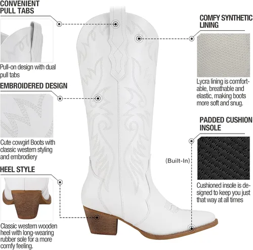 Miniatura 3 de Rollda Botas vaqueras bordadas para mujer, botas vaqueras hasta la rodilla con tacón grueso