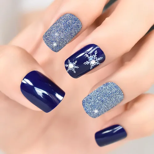 Miniatura 3 de ELEVENAIL Uñas postizas a presión de Navidad con purpurina azul oscuro, diseño de copo de nieve y diamantes de imitación de Navidad, longitud media