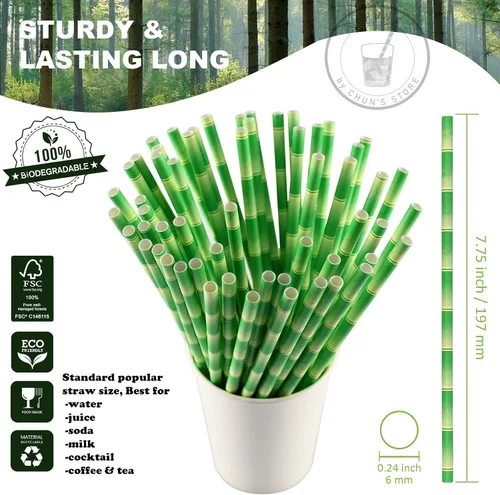 Miniatura 2 de [1000 unidades] Pajitas de papel de bambú verde para beber, 7.75 x 0.24 pulgadas, 100% biodegradables