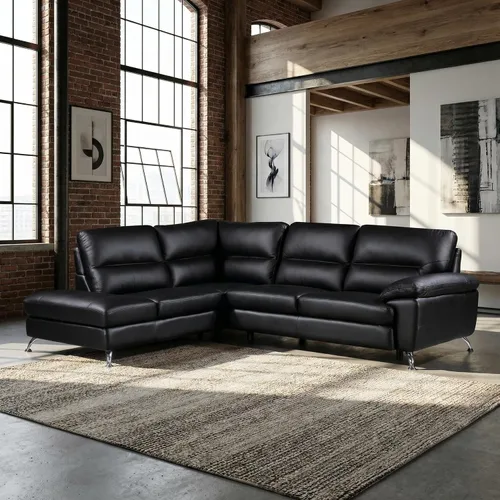 Miniatura 3 de Cortesi Home Sofá modular Boston contemporáneo de cuero genuino con diván izquierdo, negro 80 x 98 pulgadas
