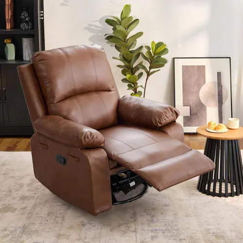Miniatura 9 de Silla reclinable giratoria de cuero de 360° para adultos, sillón reclinable manual con cojín de resorte, sofá individual con bolsillos laterales
