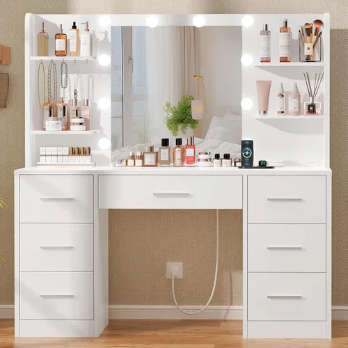 Miniatura 11 de Quimoo Escritorio de tocador de maquillaje con espejo y luces, escritorio de tocador con 5 cajones y estantes de almacenamiento, mesa de tocador, 3