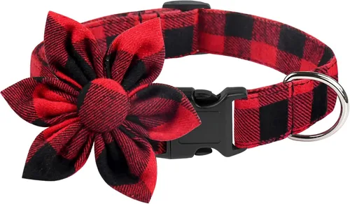 Malier Collar de Navidad para perro con flor, clásico collar de perro a cuadros de búfalo con hebilla, collares de Navidad ajustables con pajarita