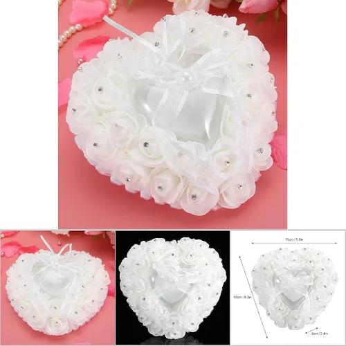 Miniatura 6 de TOPINCN Almohada de boda, soporte de caja de corazón de boda, romántica en forma de corazón, caja de boda, decoración de rosa, cojín de almohada