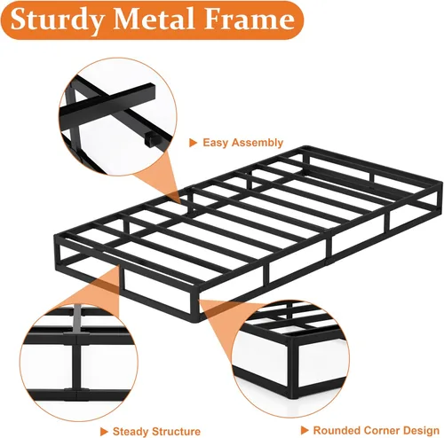 Miniatura 7 de Somier de 7 pulgadas para bases de cama individual, base de colchón de metal resistente con cubierta de tela, solo somier de perfil bajo, sin ruido