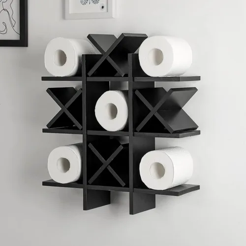 Weysat Soporte de Papel Higiénico Tic Tac Toe Decoración de Pared de Baño Almacenamiento Colgante de Madera Rústica Estantes Independientes Montados