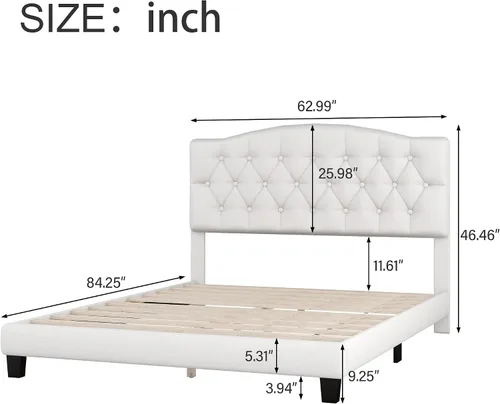 Miniatura 2 de DSHADE Base de cama Queen con plataforma tapizada de lino moderno, base de cama de madera maciza beige con cabecero, detalles capitoné de diamante