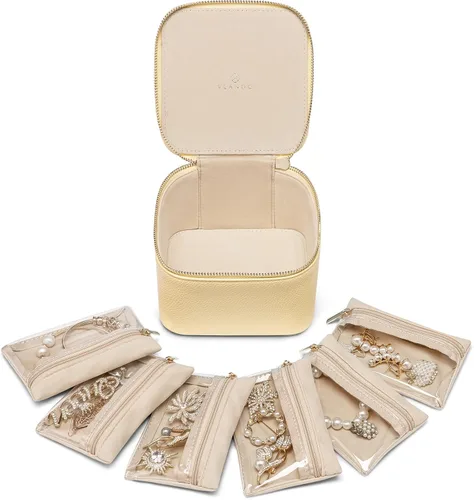 Vlando Joyero de viaje para mujer, joyero de piel sintética con 6 bolsillos de terciopelo con cremallera, cajas de almacenamiento para aretes,