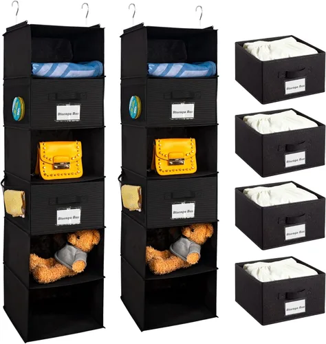 Miniatura 14 de BrilliantJo Organizador colgante de armario con 5 estantes, 2 paquetes de almacenamiento colgante con 6 bolsillos laterales para ropa y zapatos, 43
