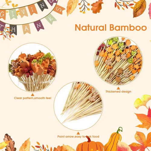Miniatura 3 de 100 unidades de púas de cóctel de otoño de 12 cm, hojas, calabazas, bellotas, palillos de dientes decorativos elegantes de bambú, palillos