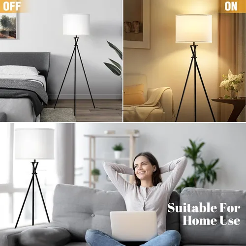 Miniatura 6 de Lámpara de pie para sala de estar, 61 pulgadas, moderna lámpara de pie trípode con pantalla blanca e interruptor giratorio, lámpara de pie negra
