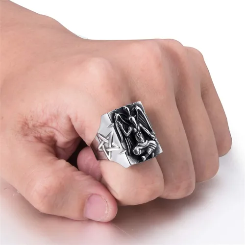 Miniatura 6 de ELFASIO Anillo de acero inoxidable para hombre baphomet satánico cabra sataná demonio diablo Leviatán cruz pentagrama símbolo joyería vintage Metal