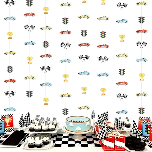 Decoraciones de fiesta de coche de carreras vintage, 8 piezas de serpentina colgante de coche de carreras, decoración de fiesta de cuerda retro