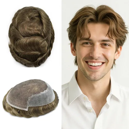Miniatura 56 de Toupee - Sistemas de reemplazo de cabello para hombre, encaje frontal suizo, nudo blanqueado, pieza de cabello humano natural 1# negro azabache, 8 x