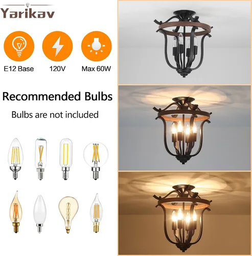 Miniatura 5 de Candelabro de 4 luces estilo granja, lámpara de techo de montaje empotrado vintage rústica mini, lámpara de araña de metal negro y madera artificial