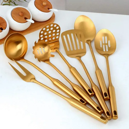 Miniatura 3 de Juego de utensilios de cocina de mango redondo, 7 piezas, acero inoxidable 304 chapado en titanio dorado con tenedor/cuchara pública, trituradores