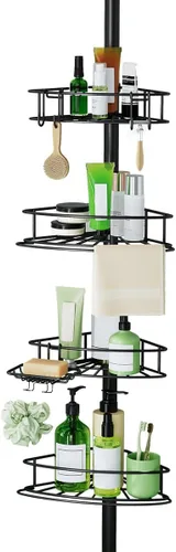 Organizador de ducha esquinero con poste de tensión, organizador de ducha de baño ajustable de 4 niveles con soporte para jabón, estantes de ducha