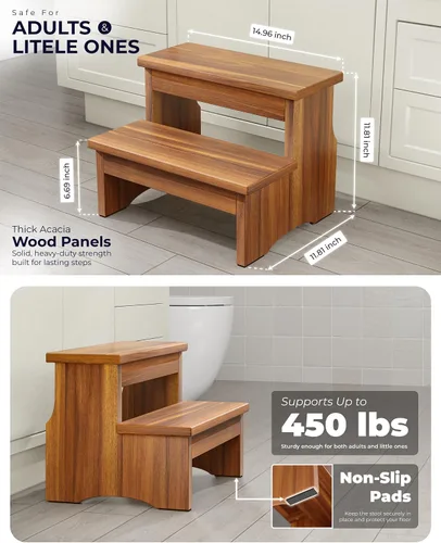 Miniatura 4 de FANATU Taburete de madera de dos escalones, escalera resistente de 2 escalones para adultos y niños, soporta hasta 450 libras para uso en cocina