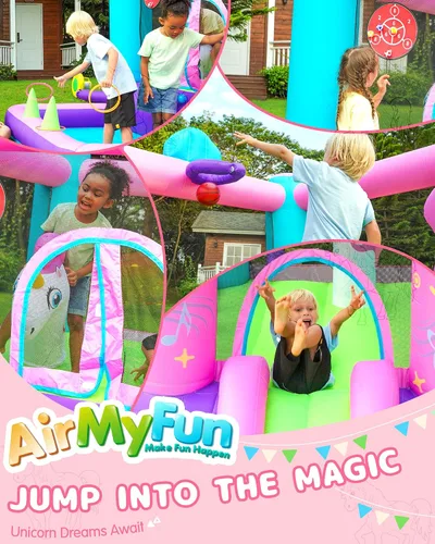Miniatura 3 de Casa inflable de unicornio con tobogán, casa inflable rosa con soplador de aire, divertido castillo animoso para niñas de 3 a 10 años, ideal