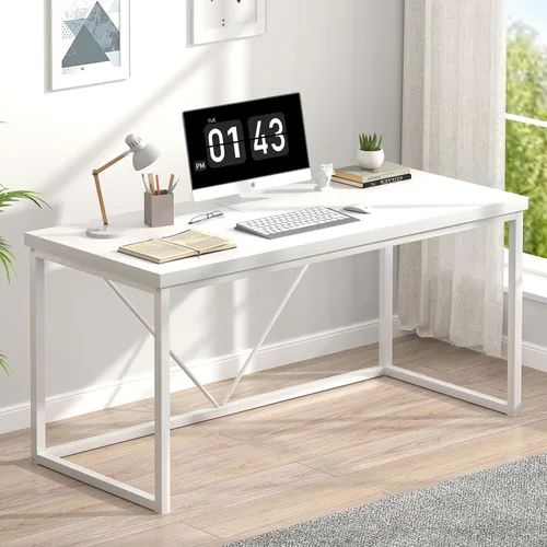 Miniatura 10 de EXCEFUR Escritorio moderno de oficina en casa, escritorio de computadora de madera y metal, mesa de estudio de escritura industrial para sala de Gris