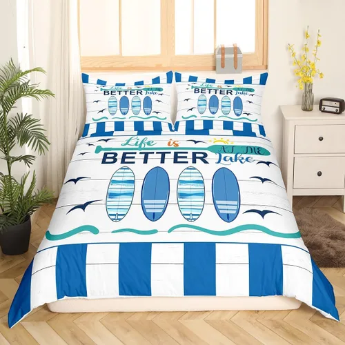 Miniatura 3 de Erosebridal Funda de edredón náutica para niños y niñas, juego de ropa de cama azul y blanco oceánico, funda de edredón de tabla de surf Hawaii
