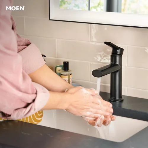 Miniatura 7 de Moen Meena Negro Mate Grifo de Lavabo de Baño Moderno con un Solo Agujero y una Sola Manija con Placa de Cubierta Opcional y Montaje de Desagüe