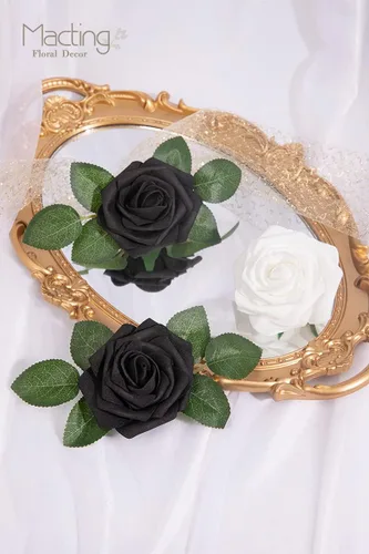Miniatura 7 de MACTING 30 PCS Flores Artificiales Rosas Negras y Blancas Flores Falsas con Tallo Rosas de Espuma de Tacto Real para Boda Bola de Besos Ramillete